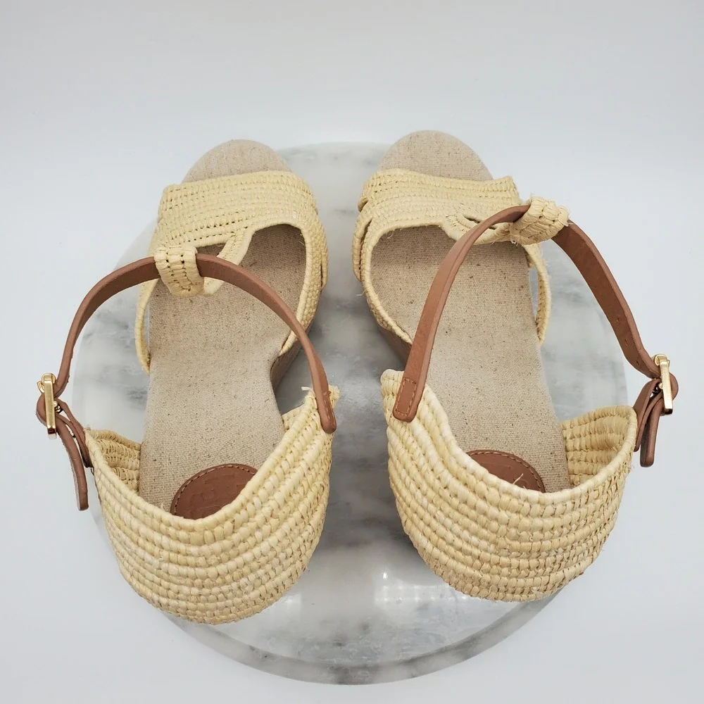 Tory Burch Carina Macrame Straw Wedge Sandals Royal Tan Leather T-Strap‎ US 9.5M